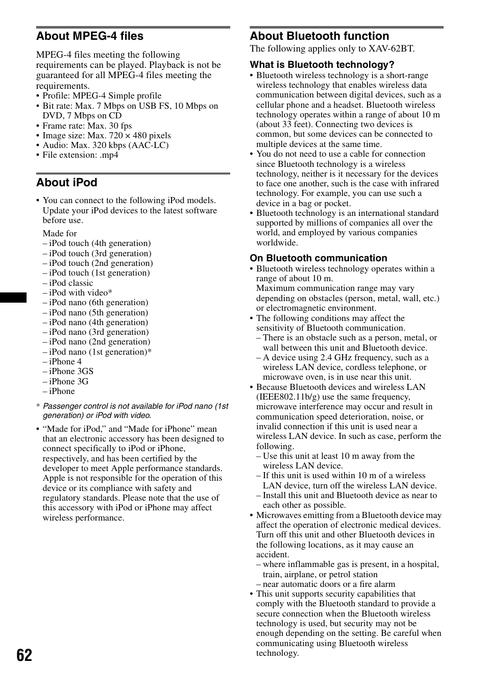 About mpeg-4 files, About ipod, About bluetooth function | Sony XAV-622 User Manual | Page 62 / 228