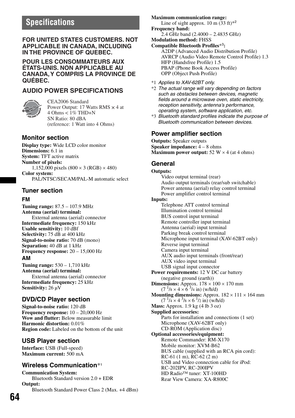 Specifications, Wireless communication, General | Audio power specifications | Sony XAV-622 User Manual | Page 64 / 228