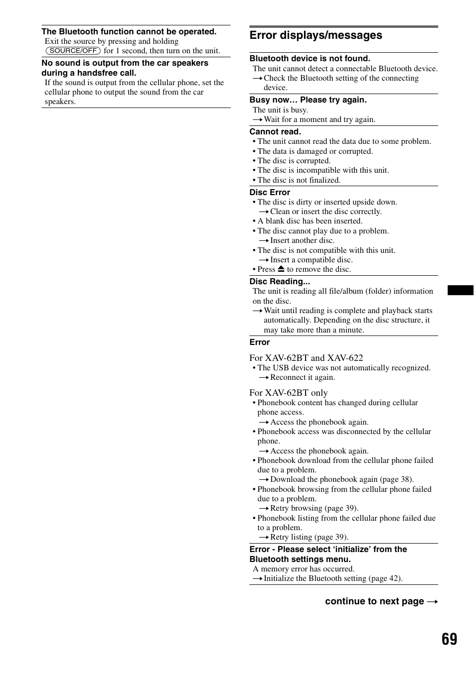 Error displays/messages | Sony XAV-622 User Manual | Page 69 / 228