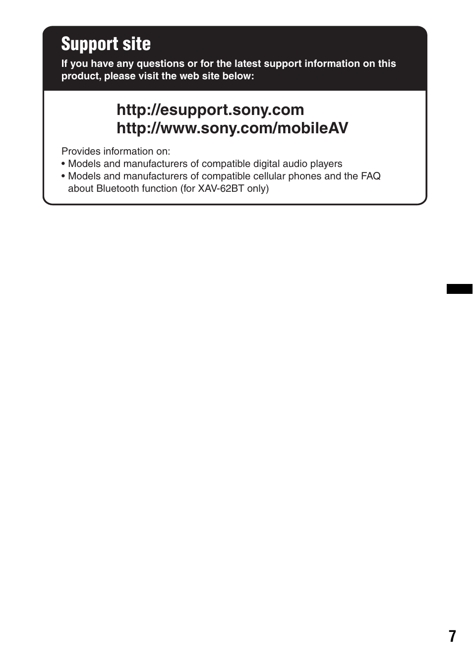 Support site | Sony XAV-622 User Manual | Page 7 / 228