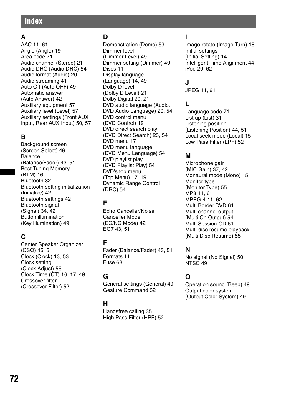 Index | Sony XAV-622 User Manual | Page 72 / 228