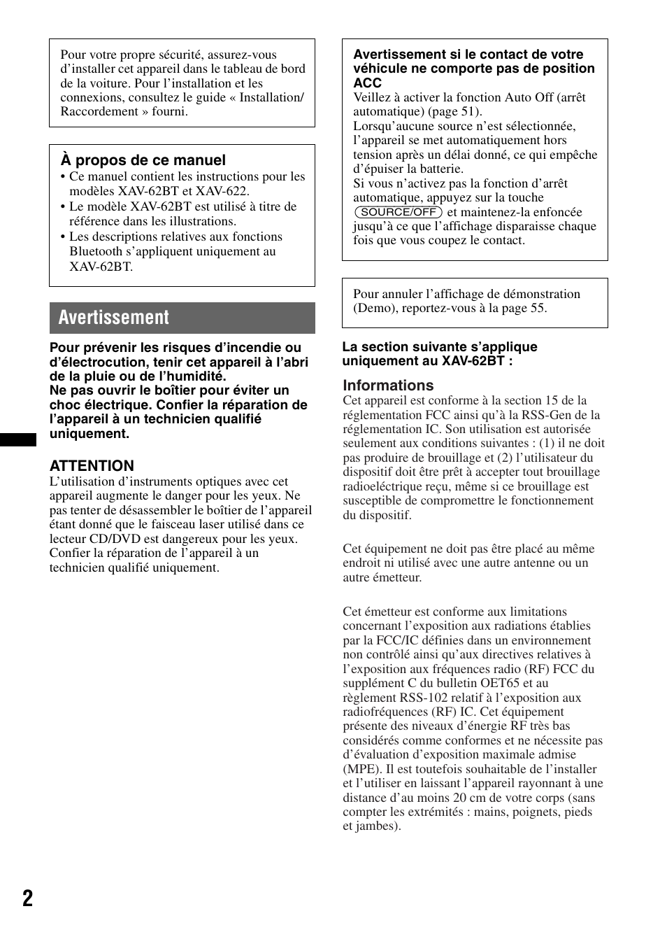 Avertissement | Sony XAV-622 User Manual | Page 74 / 228