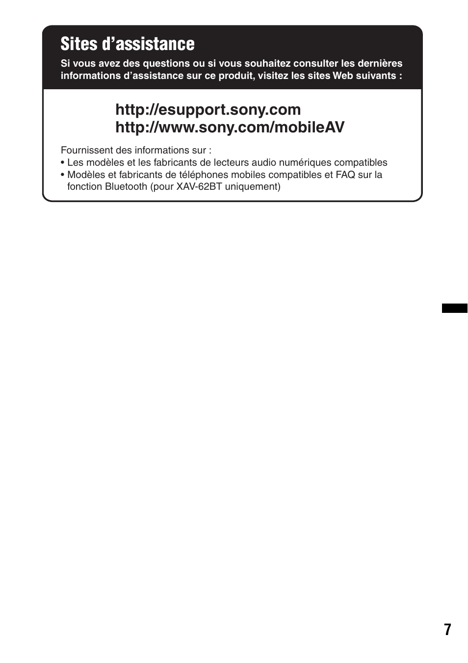 Sites d’assistance | Sony XAV-622 User Manual | Page 79 / 228