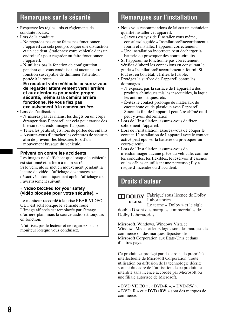 Remarques sur la sécurité, Remarques sur l’installation, Droits d’auteur | Sony XAV-622 User Manual | Page 80 / 228