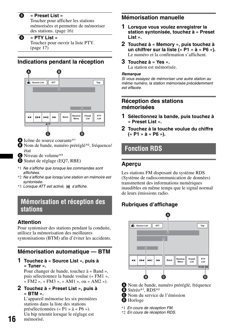 Indications pendant la réception, Mémorisation et réception des stations, Mémorisation automatique - btm | Mémorisation manuelle, Réception des stations mémorisées, Fonction rds, Aperçu, Mémorisation automatique — btm, Attention, Rubriques d’affichage | Sony XAV-622 User Manual | Page 88 / 228