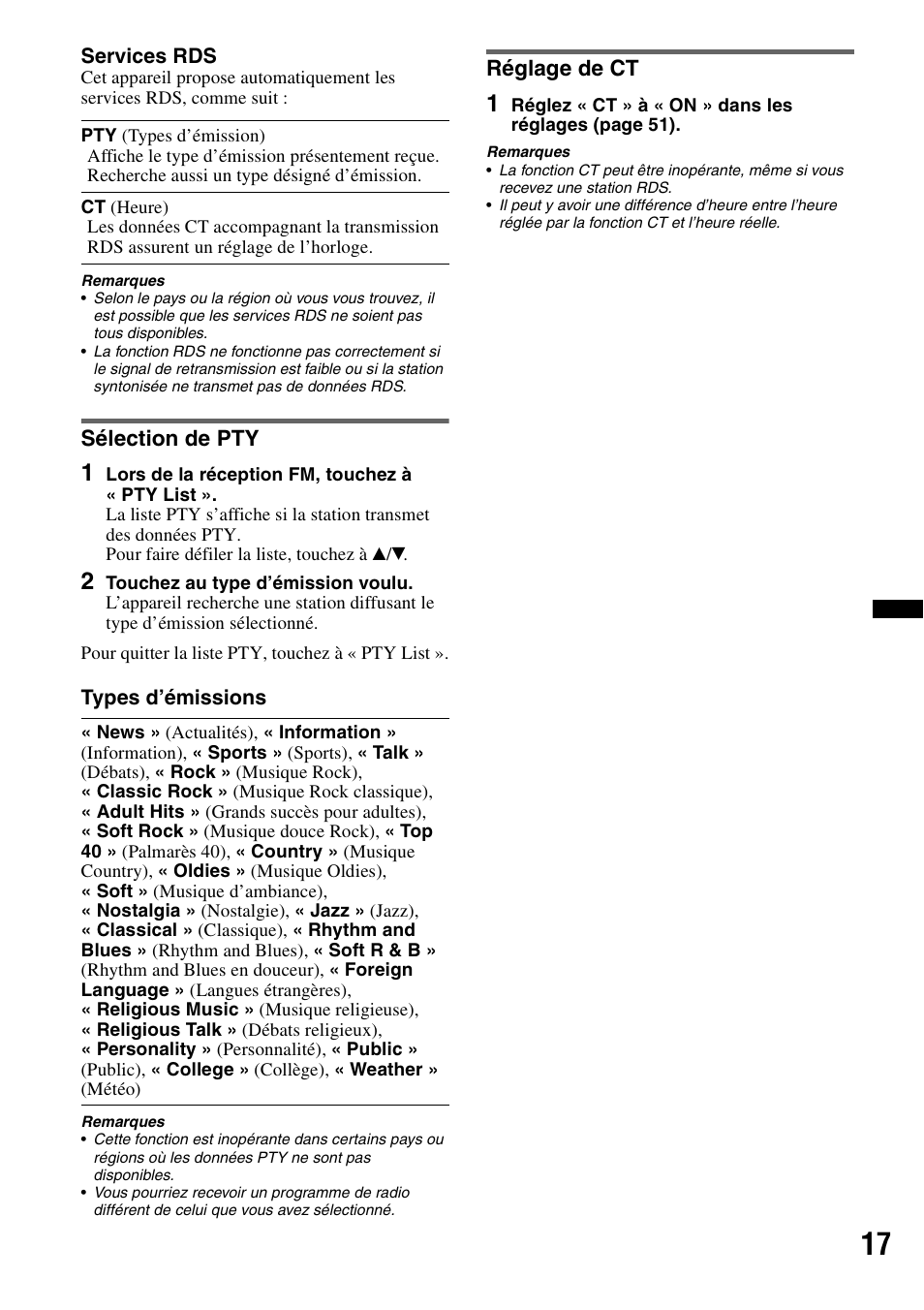 Sélection de pty, Réglage de ct, Sélection de pty réglage de ct | Sony XAV-622 User Manual | Page 89 / 228