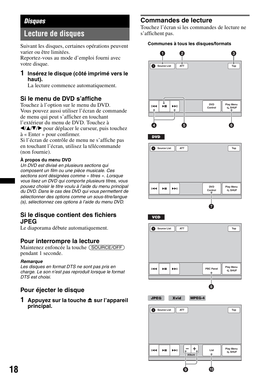 Disques, Lecture de disques, Commandes de lecture | Si le menu de dvd s’affiche, Si le disque contient des fichiers jpeg, Pour interrompre la lecture, Pour éjecter le disque, Le diaporama débute automatiquement, Appuyez sur la touche z sur l’appareil principal, Q; 9 | Sony XAV-622 User Manual | Page 90 / 228