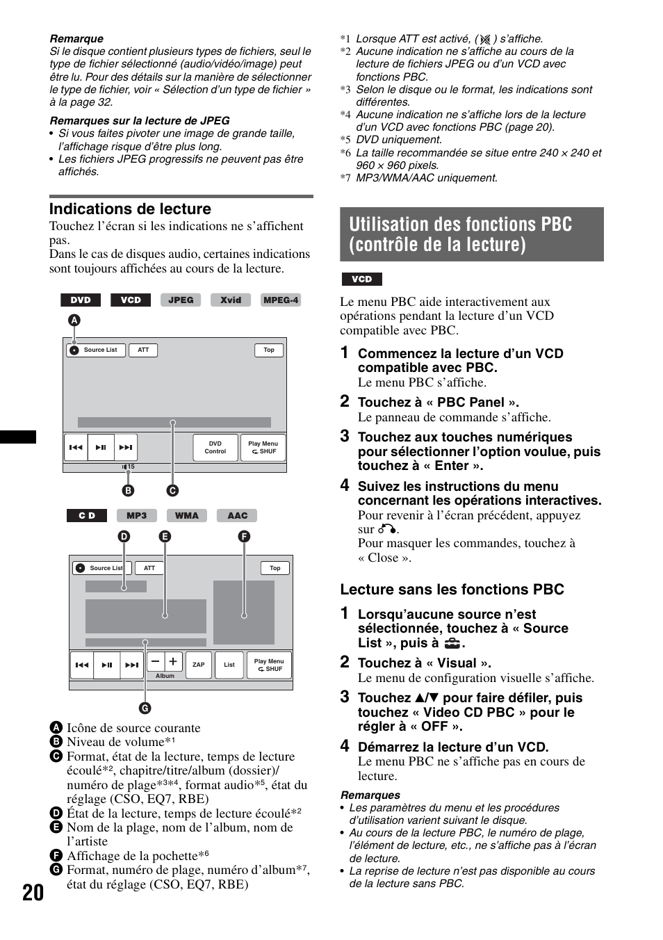 Indications de lecture, Lecture sans les fonctions pbc | Sony XAV-622 User Manual | Page 92 / 228