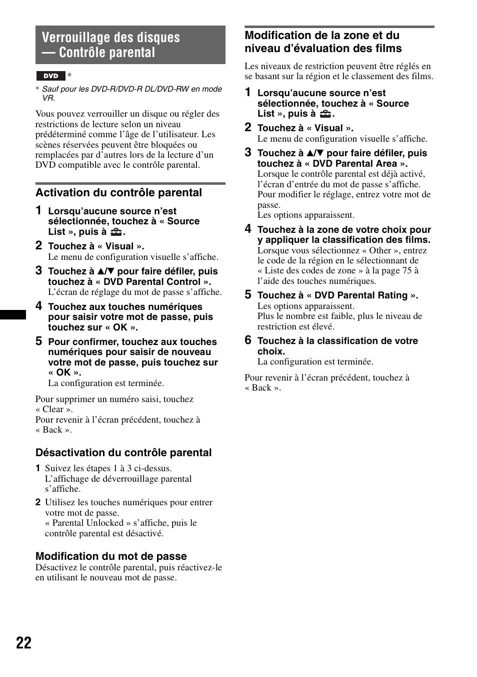 Verrouillage des disques - contrôle parental, Activation du contrôle parental, Verrouillage des disques — contrôle parental | Sony XAV-622 User Manual | Page 94 / 228