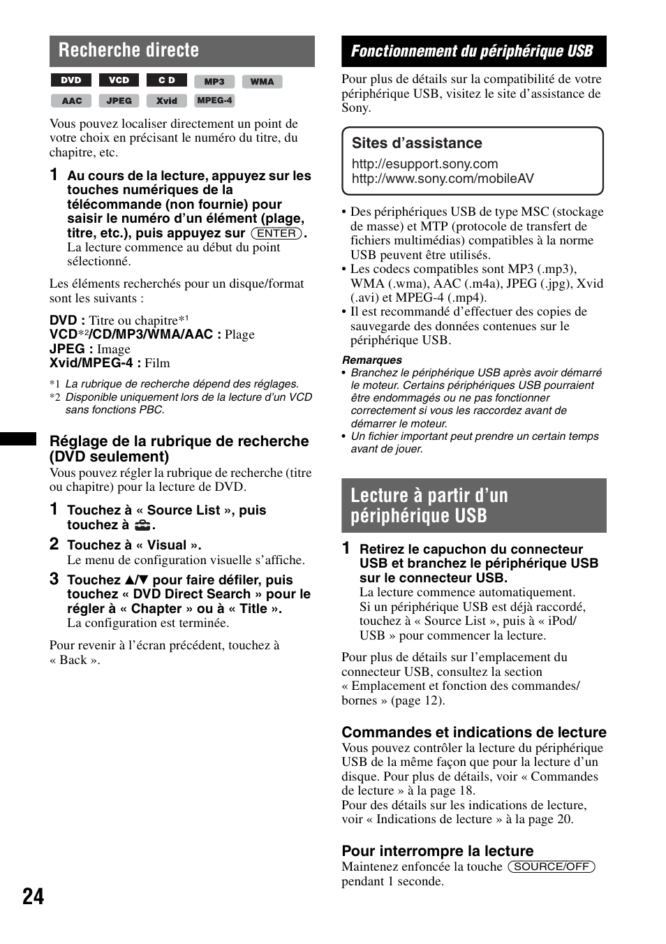 Recherche directe, Fonctionnement du périphérique usb, Lecture à partir d’un périphérique usb | Sony XAV-622 User Manual | Page 96 / 228