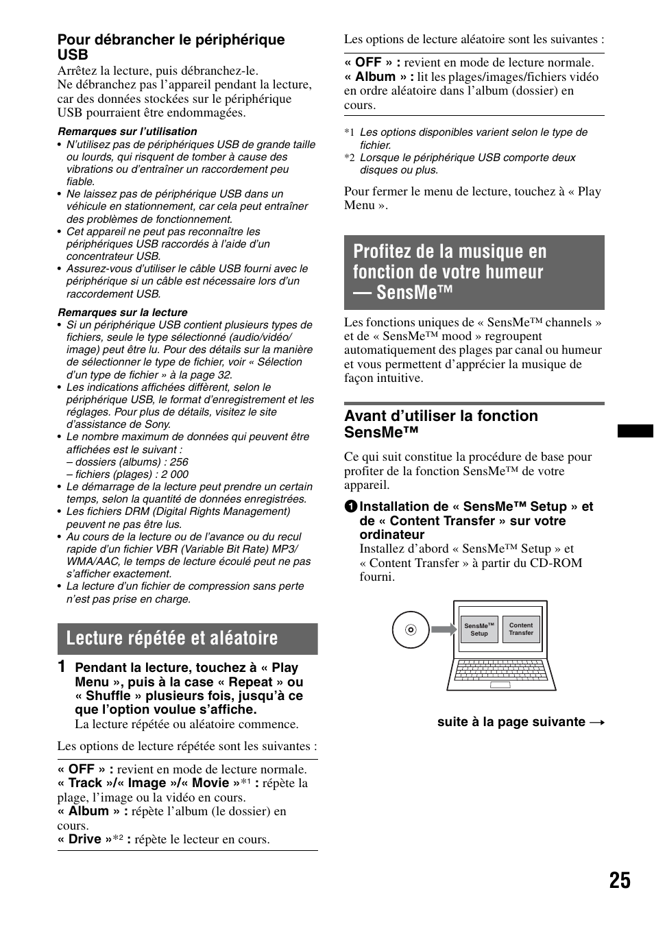 Lecture répétée et aléatoire, Avant d’utiliser la fonction sensme, Pour débrancher le périphérique usb | Sony XAV-622 User Manual | Page 97 / 228