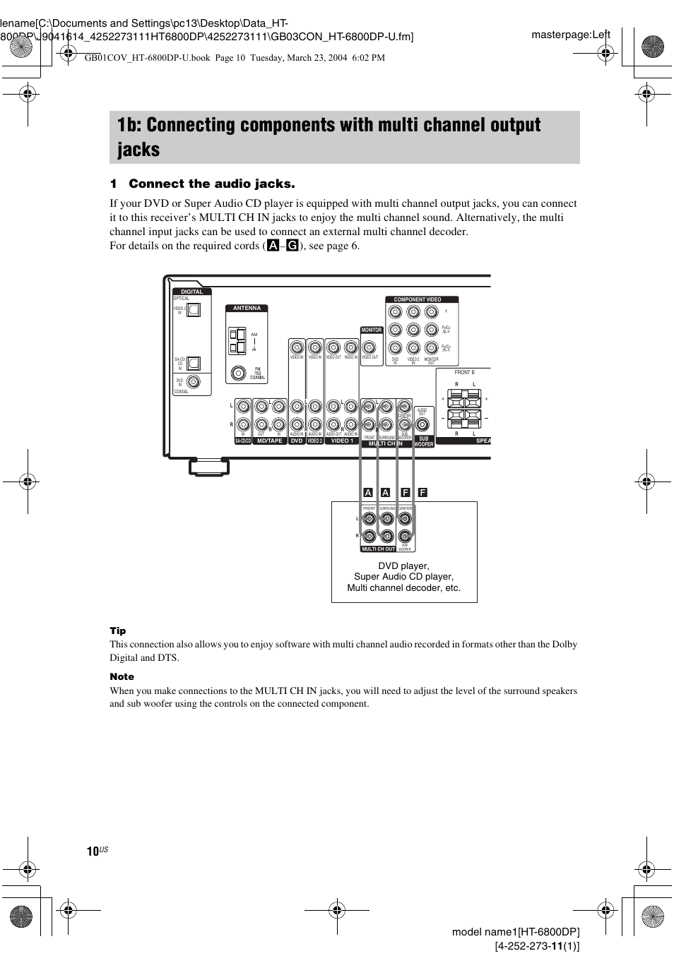 1b: connecting components with, Multi channel output jacks, 1connect the audio jacks | G), see page 6, A a f f | Sony HT-6800DP User Manual | Page 10 / 56