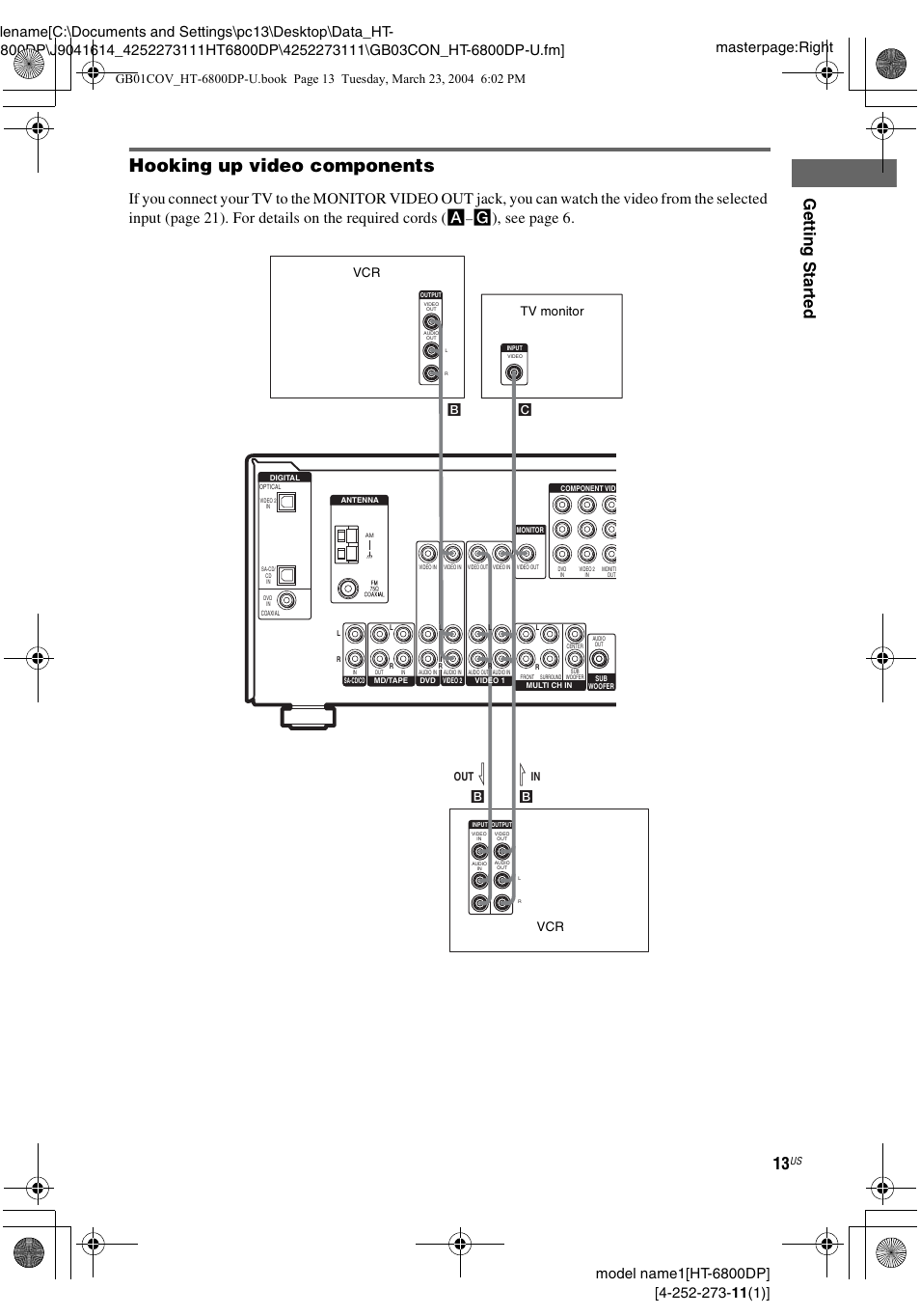 Hooking up video components, Gettin g star ted, G), see page 6 | Out l b | Sony HT-6800DP User Manual | Page 13 / 56