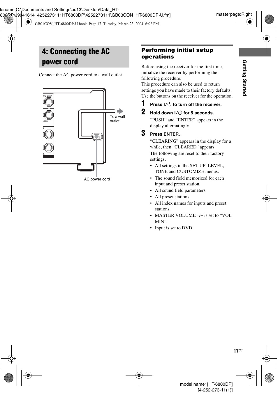 Connecting the ac power cord | Sony HT-6800DP User Manual | Page 17 / 56