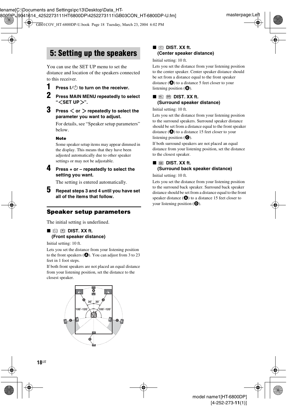 Setting up the speakers, Speaker setup parameters | Sony HT-6800DP User Manual | Page 18 / 56