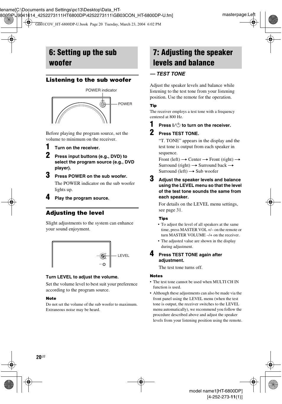 Setting up the sub woofer, Adjusting the speaker levels and balance, Test tone | Balance — test tone | Sony HT-6800DP User Manual | Page 20 / 56