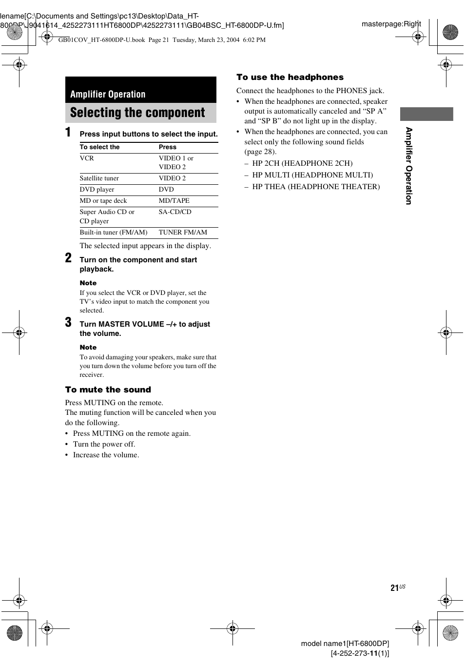 Amplifier operation, Selecting the component | Sony HT-6800DP User Manual | Page 21 / 56