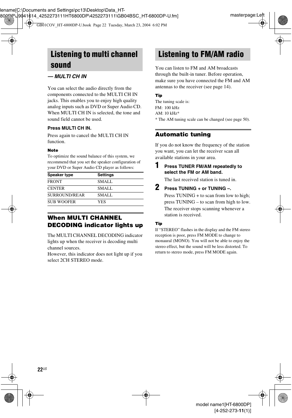 Listening to multi channel sound, Multi ch in, Listening to fm/am radio | Sony HT-6800DP User Manual | Page 22 / 56