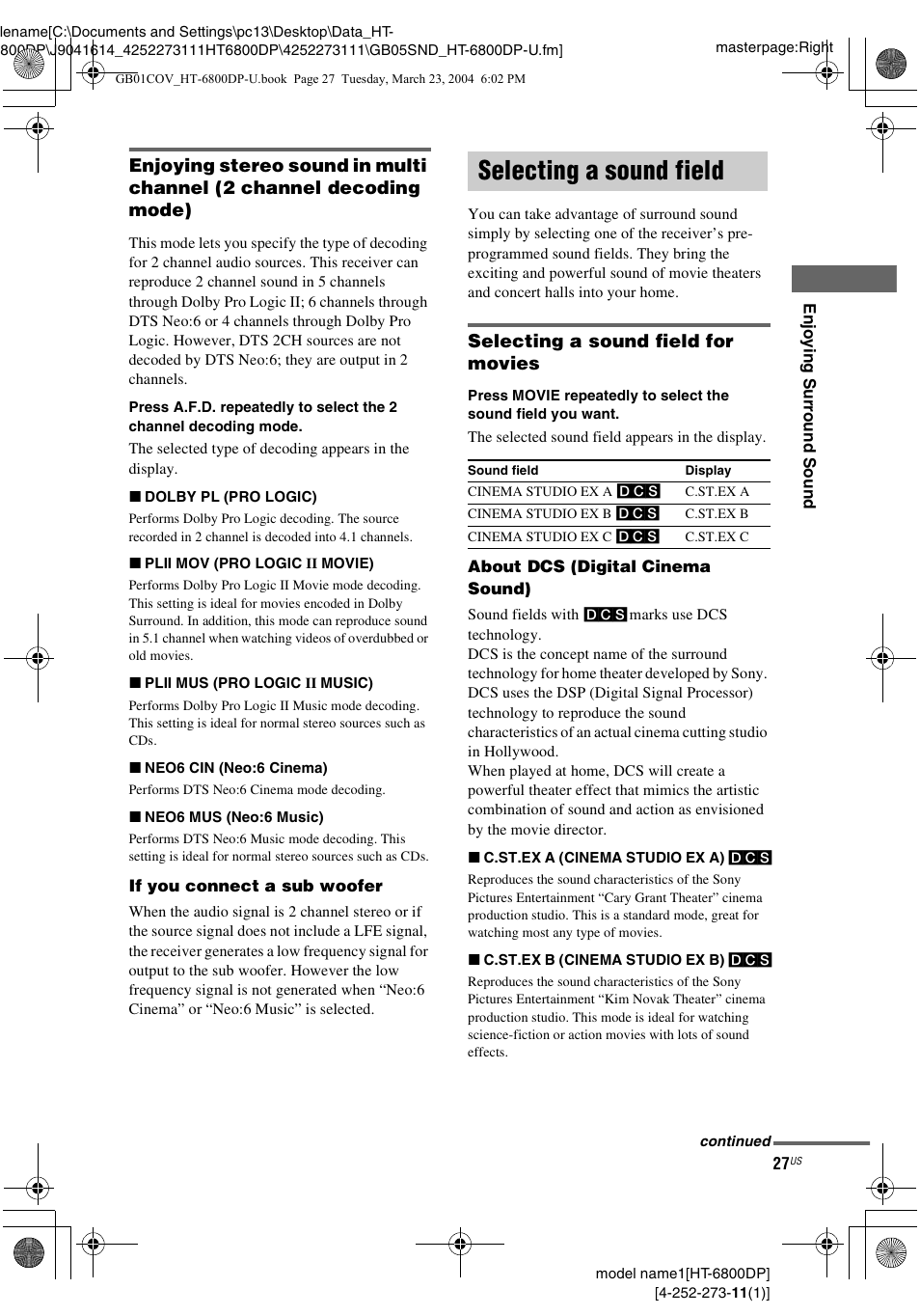 Selecting a sound field, Selecting a sound field for movies | Sony HT-6800DP User Manual | Page 27 / 56