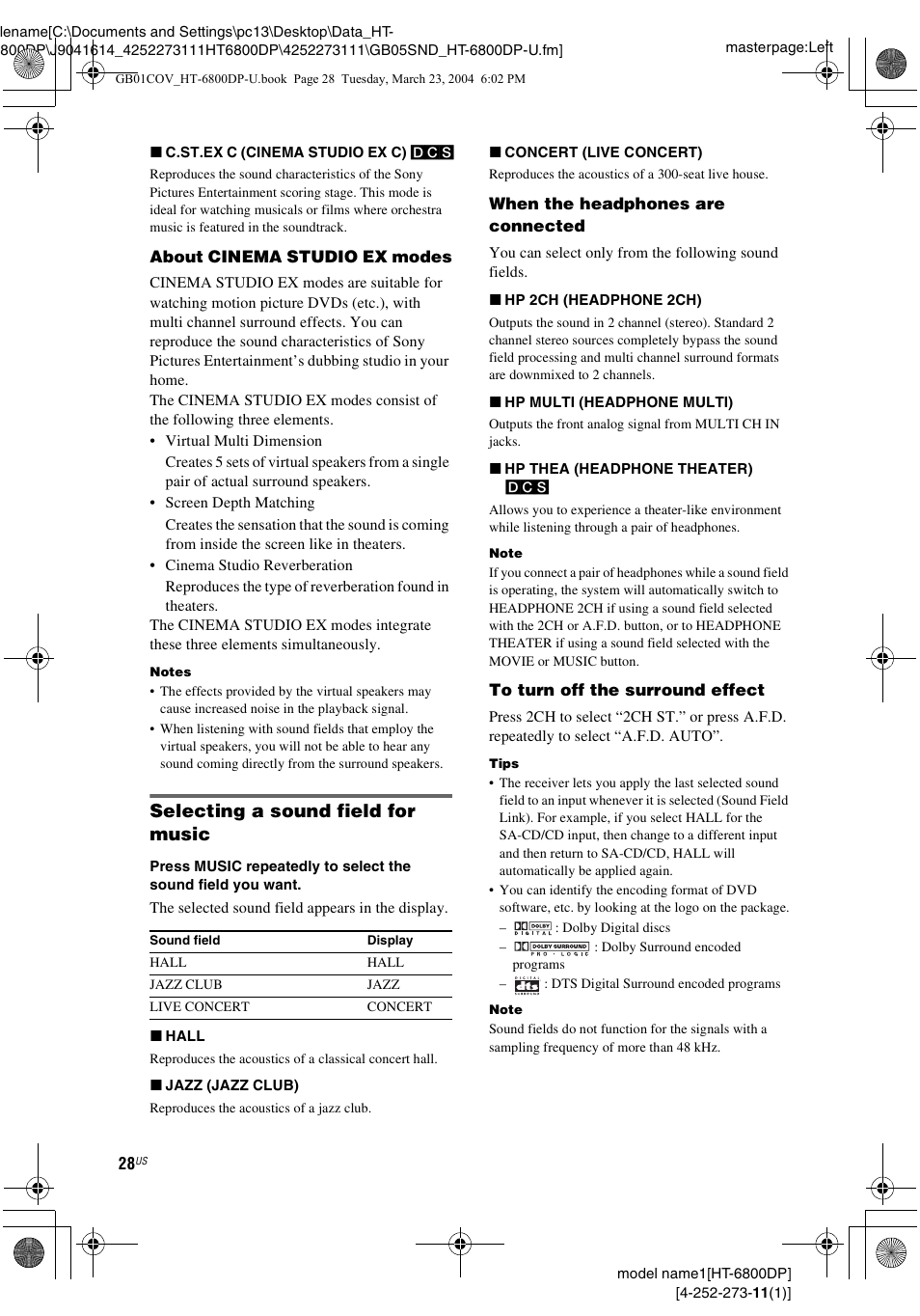 Selecting a sound field for music | Sony HT-6800DP User Manual | Page 28 / 56