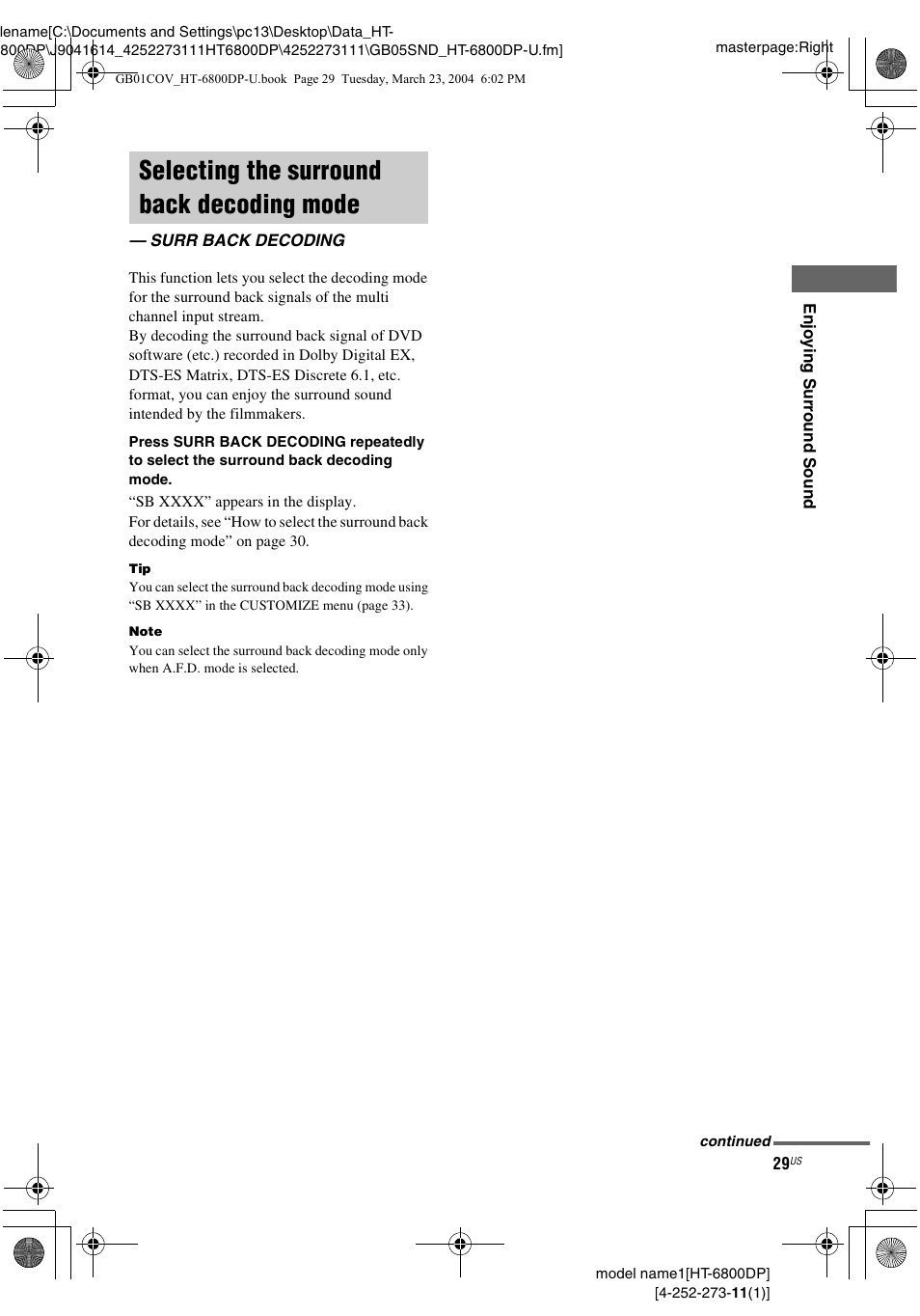 Selecting the surround back decoding mode, Surr back decoding, Selecting the surround back decoding | Mode — surr back decoding | Sony HT-6800DP User Manual | Page 29 / 56