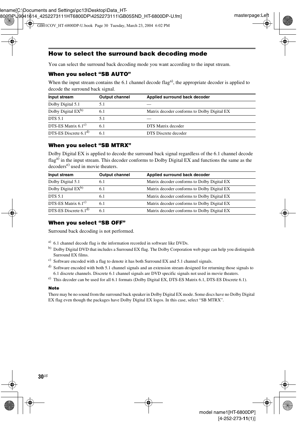 How to select the surround back decoding mode | Sony HT-6800DP User Manual | Page 30 / 56