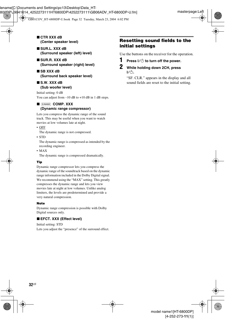 Resetting sound fields to the initial settings | Sony HT-6800DP User Manual | Page 32 / 56