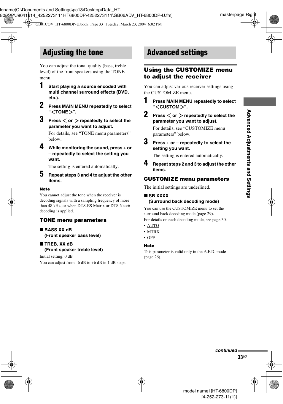 Adjusting the tone, Advanced settings, Adjusting the tone advanced settings | Sony HT-6800DP User Manual | Page 33 / 56