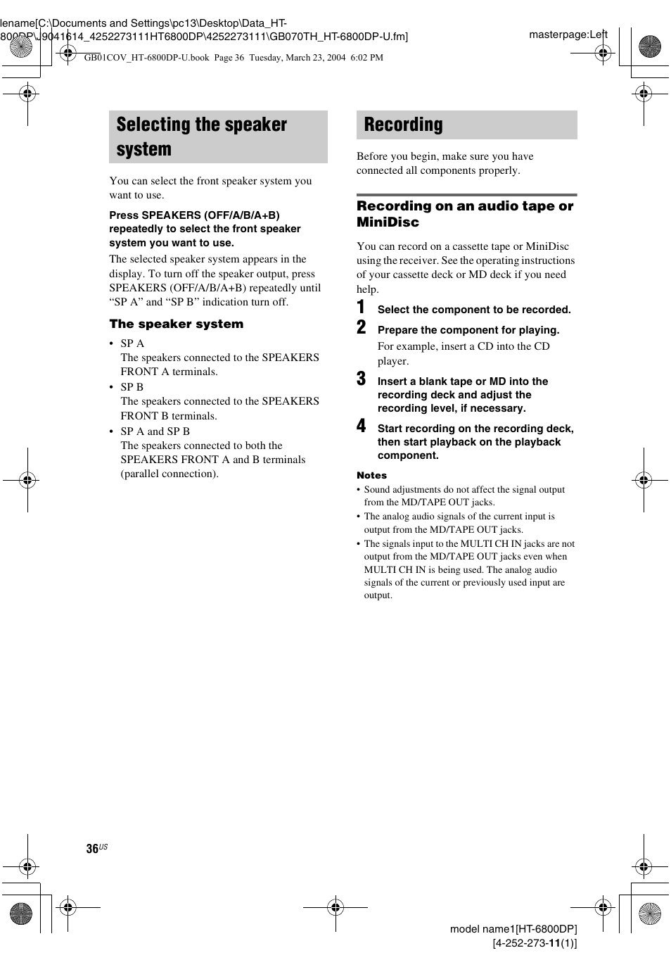 Selecting the speaker system, Recording, Selecting the speaker system recording | Sony HT-6800DP User Manual | Page 36 / 56