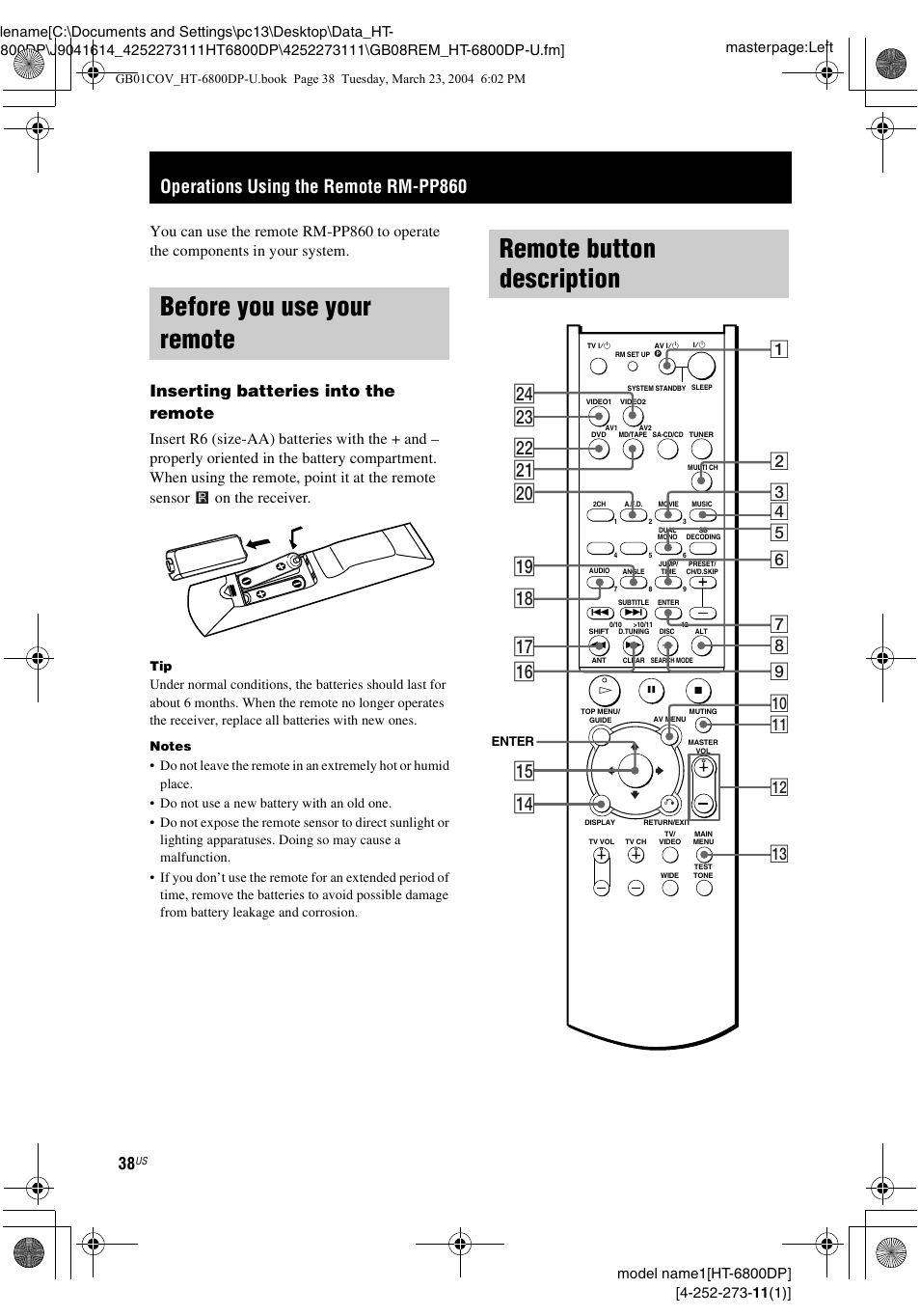 Operations using the remote rm-pp860, Before you use your remote, Remote button description | Qf qg qh qk ql wa ws qj, W; wd wf, Inserting batteries into the remote | Sony HT-6800DP User Manual | Page 38 / 56