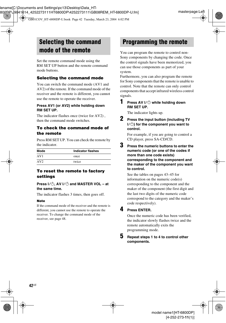 Selecting the command mode of the remote, Programming the remote, Selecting the command mode of the | Remote | Sony HT-6800DP User Manual | Page 42 / 56