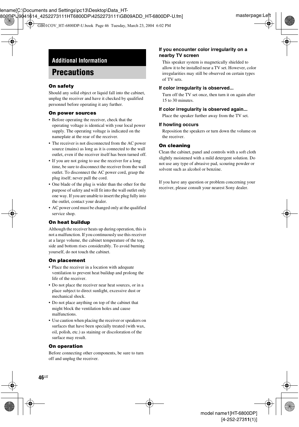 Additional information, Precautions | Sony HT-6800DP User Manual | Page 46 / 56