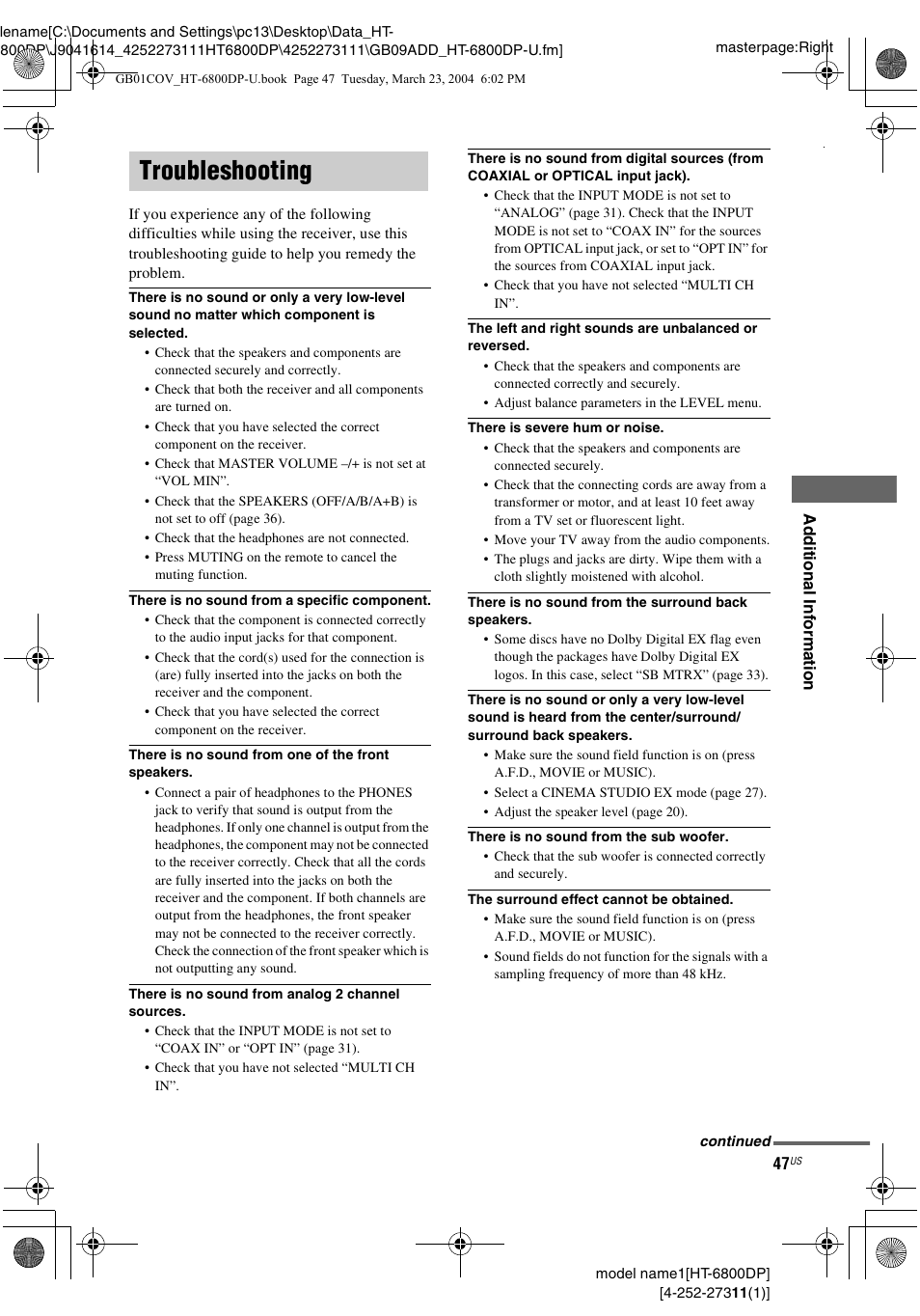Troubleshooting | Sony HT-6800DP User Manual | Page 47 / 56