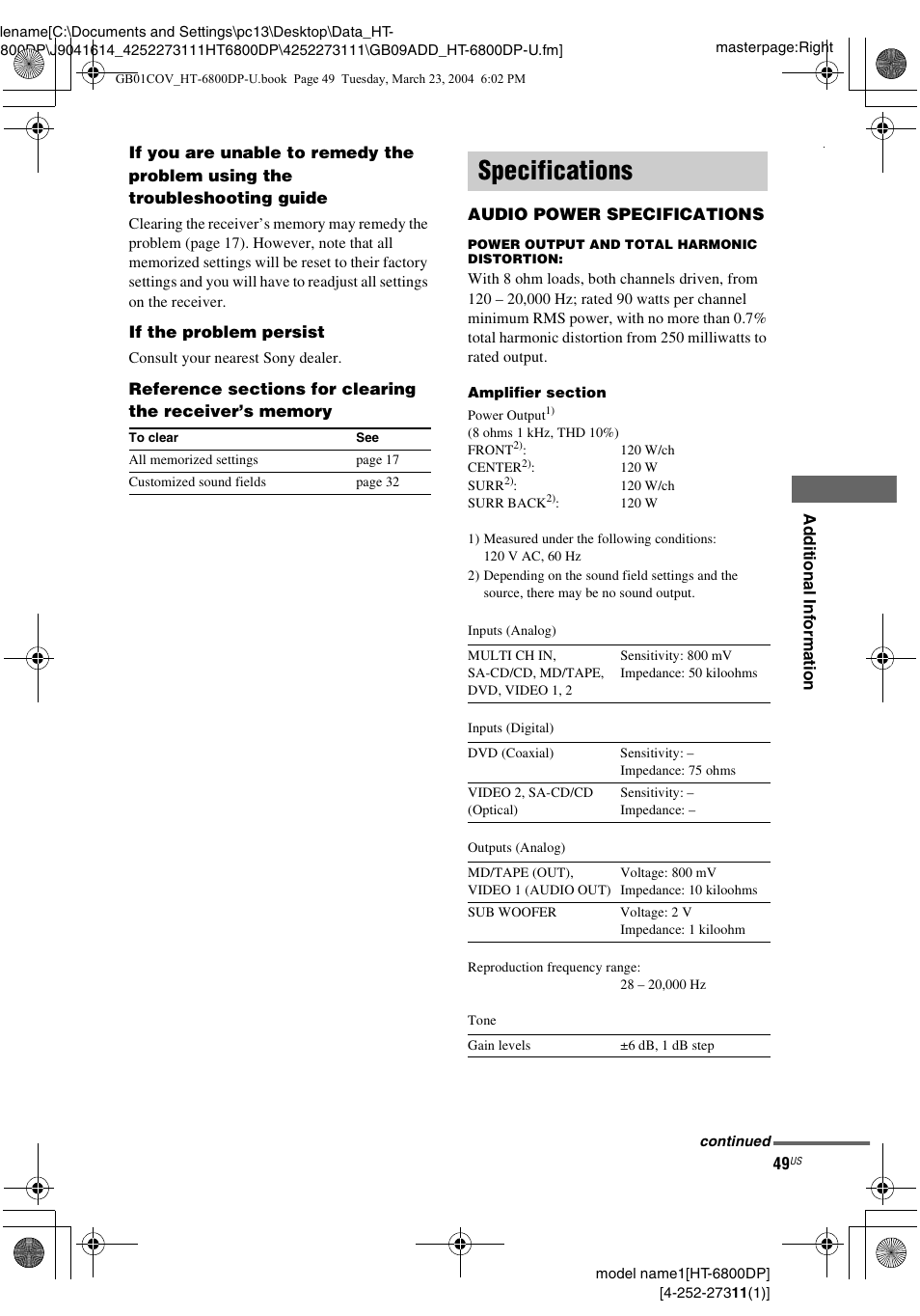 Specifications | Sony HT-6800DP User Manual | Page 49 / 56
