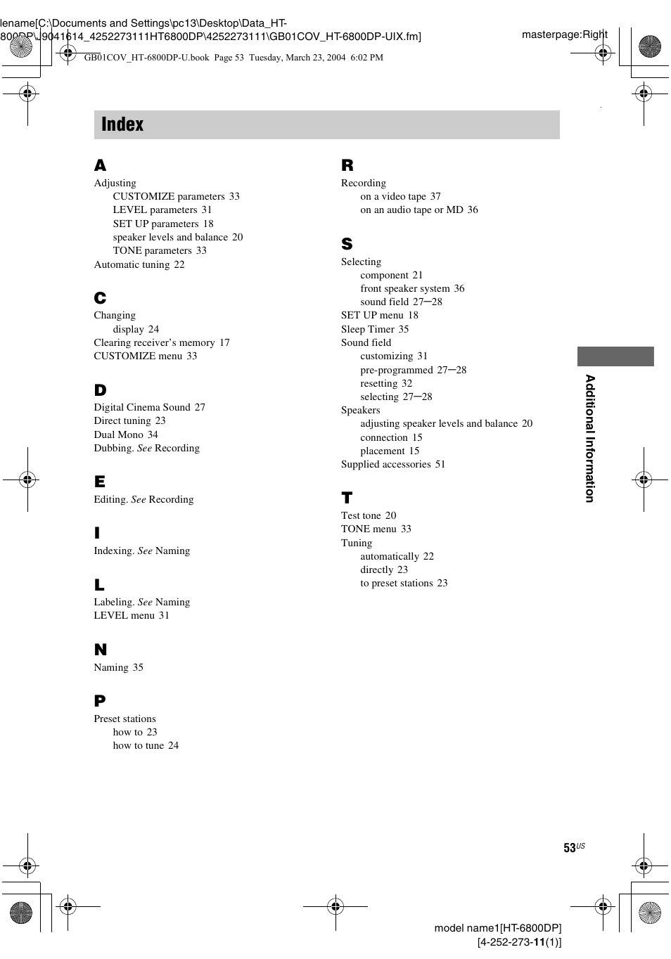 Index | Sony HT-6800DP User Manual | Page 53 / 56