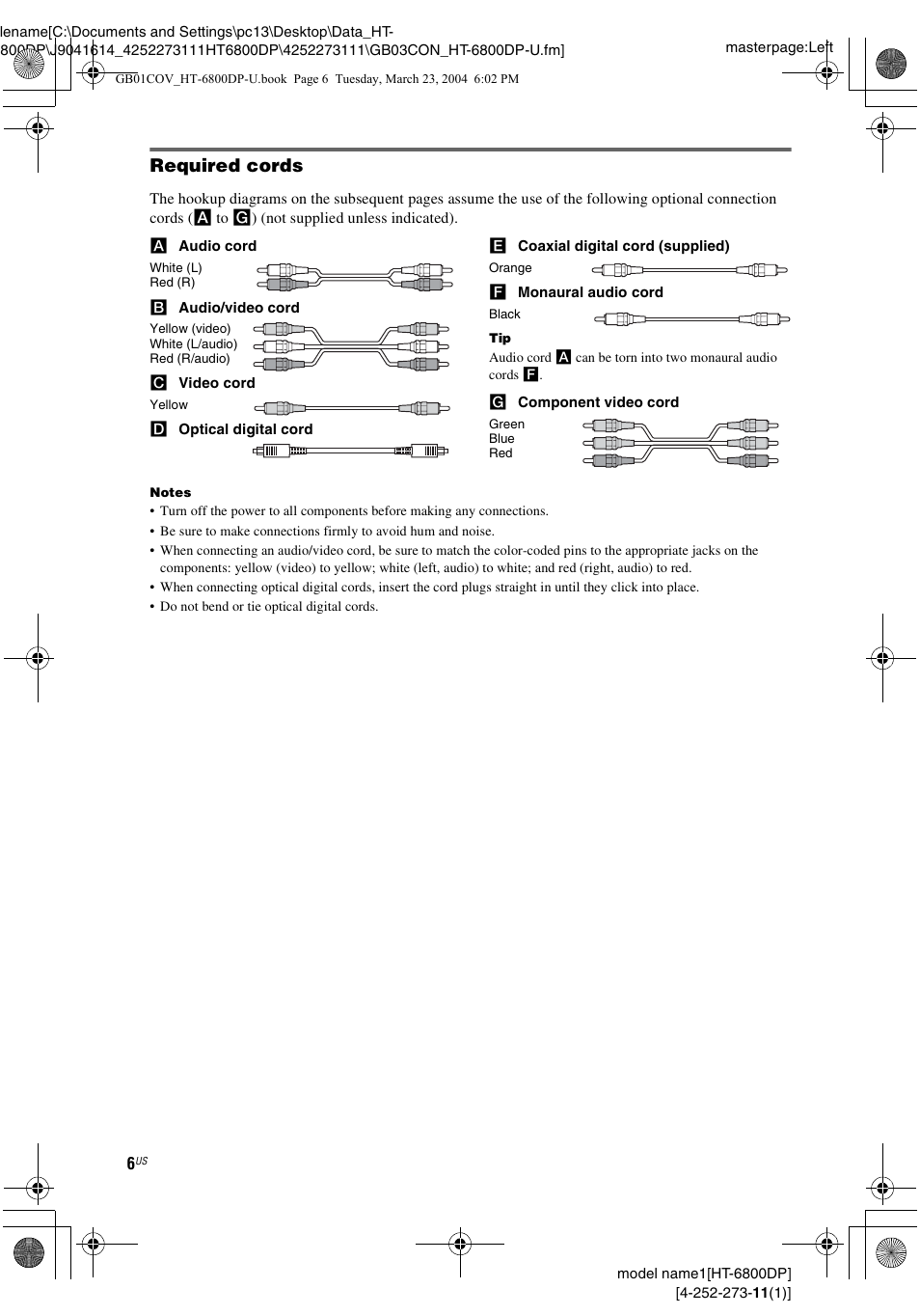 Required cords | Sony HT-6800DP User Manual | Page 6 / 56