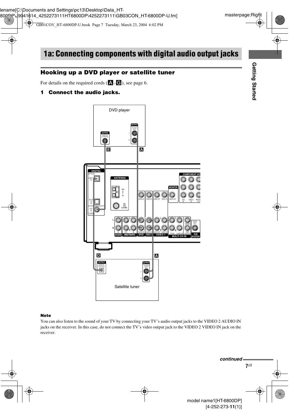 1a: connecting components with, Digital audio output jacks, Hooking up a dvd player or satellite tuner | Gettin g star ted, 1connect the audio jacks, For details on the required cords ( a, G), see page 6, Continued, Satellite tuner dvd player | Sony HT-6800DP User Manual | Page 7 / 56