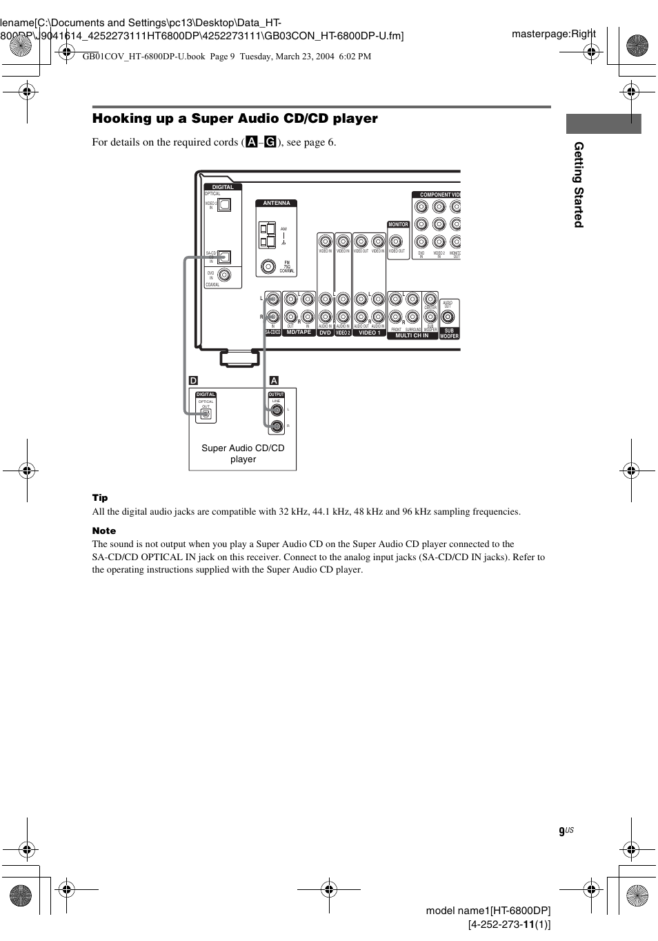 Hooking up a super audio cd/cd player, Gettin g star ted, For details on the required cords ( a | G), see page 6, Super audio cd/cd player | Sony HT-6800DP User Manual | Page 9 / 56