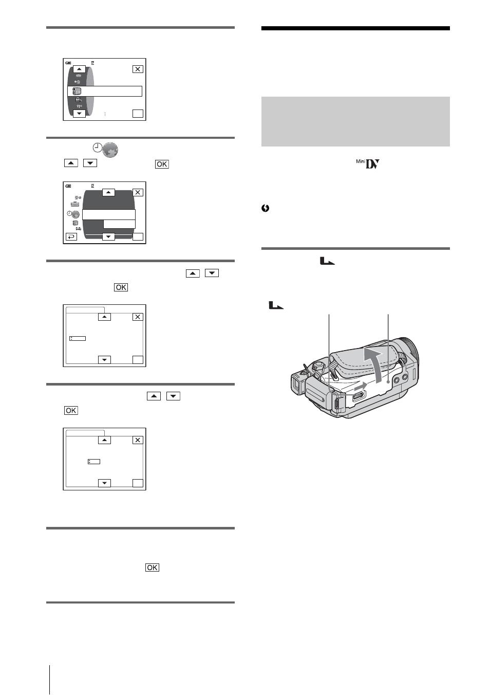 Step 6: inserting the recording media, Inserting a cassette tape, Touch [menu | Select (time/langu.) with / , then touch, Select [clock set] with / , then touch, Set [y] (year) with / , then touch, You can set any year up to the year 2079 | Sony DCR-HC85 User Manual | Page 20 / 152