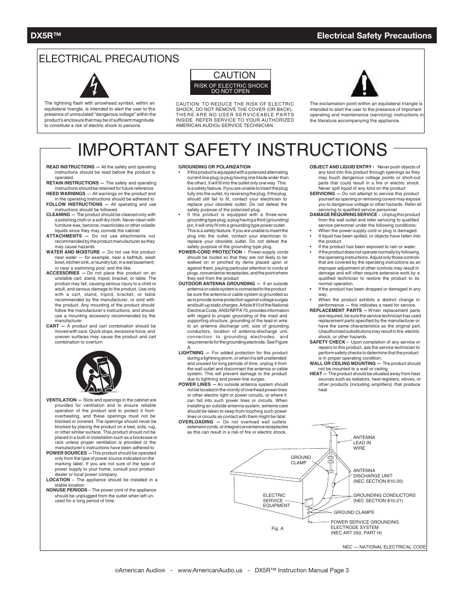 Important safety instructions, Electrical precautions, Caution | Dx5r™ electrical safety precautions | American Audio DX5R User Manual | Page 3 / 18