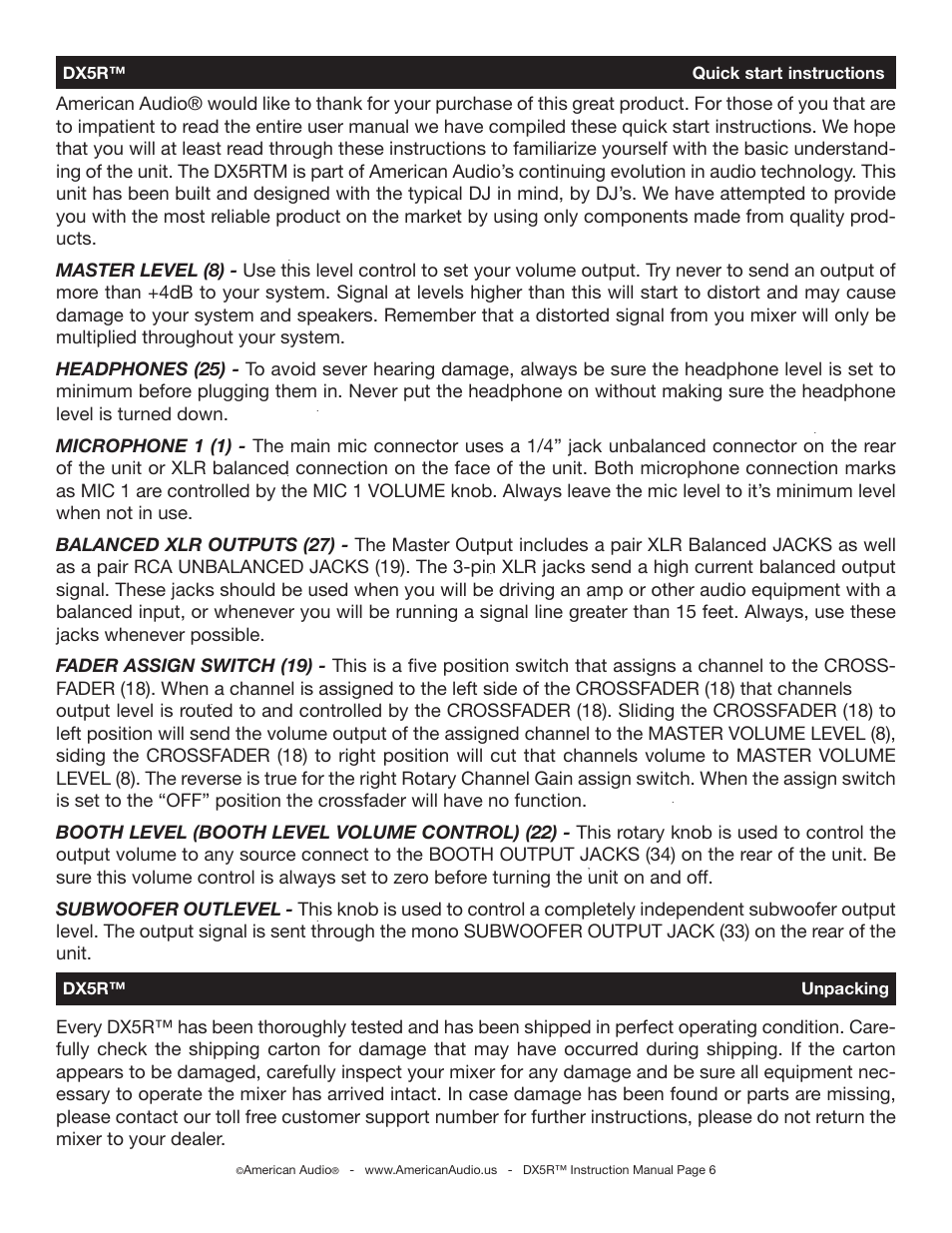 Dx5r™ quick start instructions, Dx5r™ unpacking | American Audio DX5R User Manual | Page 6 / 18