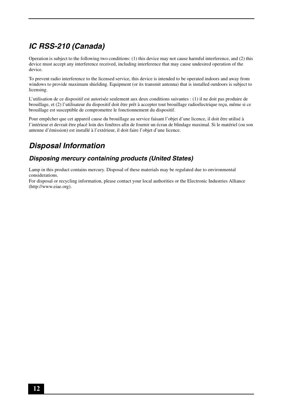 Ic rss-210 (canada), Disposal information | Sony VGN-FW260J User Manual | Page 12 / 28