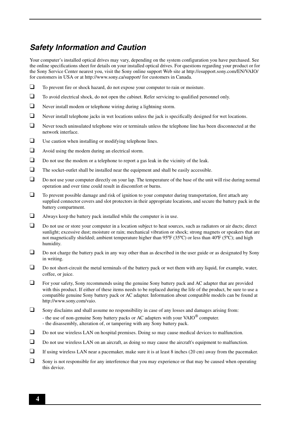 Safety information and caution | Sony VGN-FW260J User Manual | Page 4 / 28