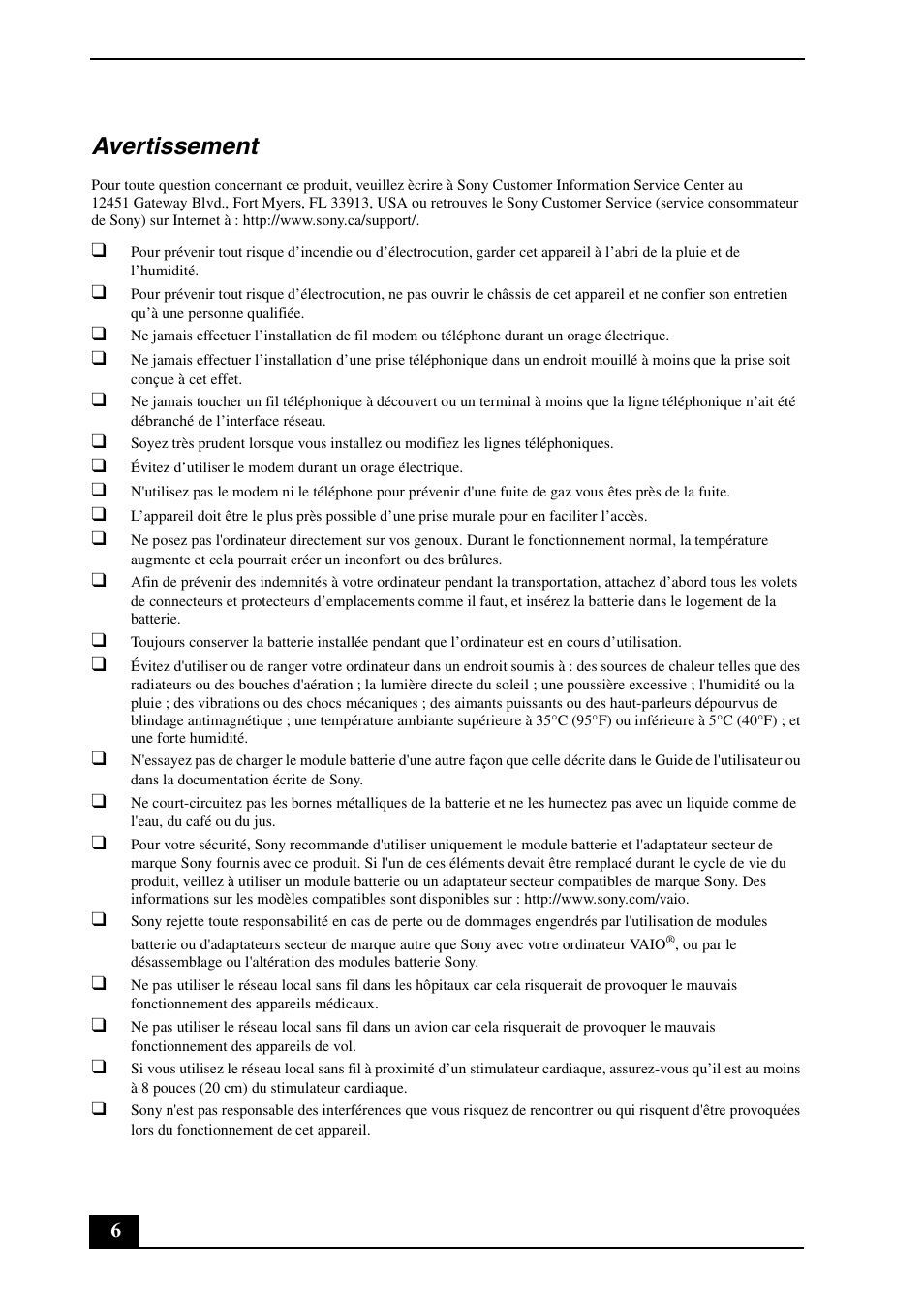 Avertissement | Sony VGN-FW260J User Manual | Page 6 / 28