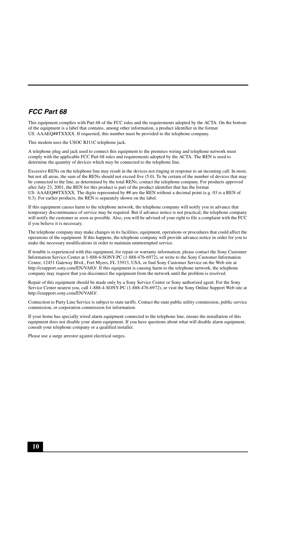 10 fcc part 68 | Sony VGN-C190PB User Manual | Page 10 / 20