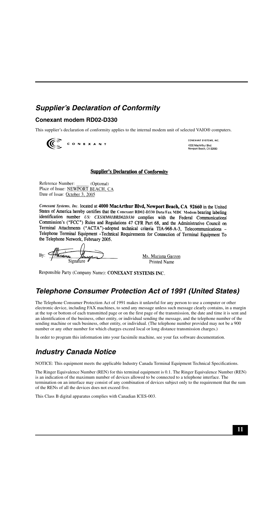 Supplier’s declaration of conformity, Industry canada notice | Sony VGN-C190PB User Manual | Page 11 / 20