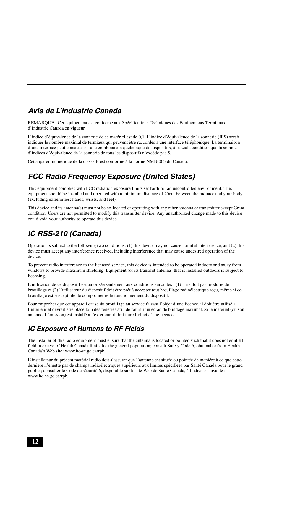 Avis de l’industrie canada, Fcc radio frequency exposure (united states), Ic rss-210 (canada) | Ic exposure of humans to rf fields | Sony VGN-C190PB User Manual | Page 12 / 20