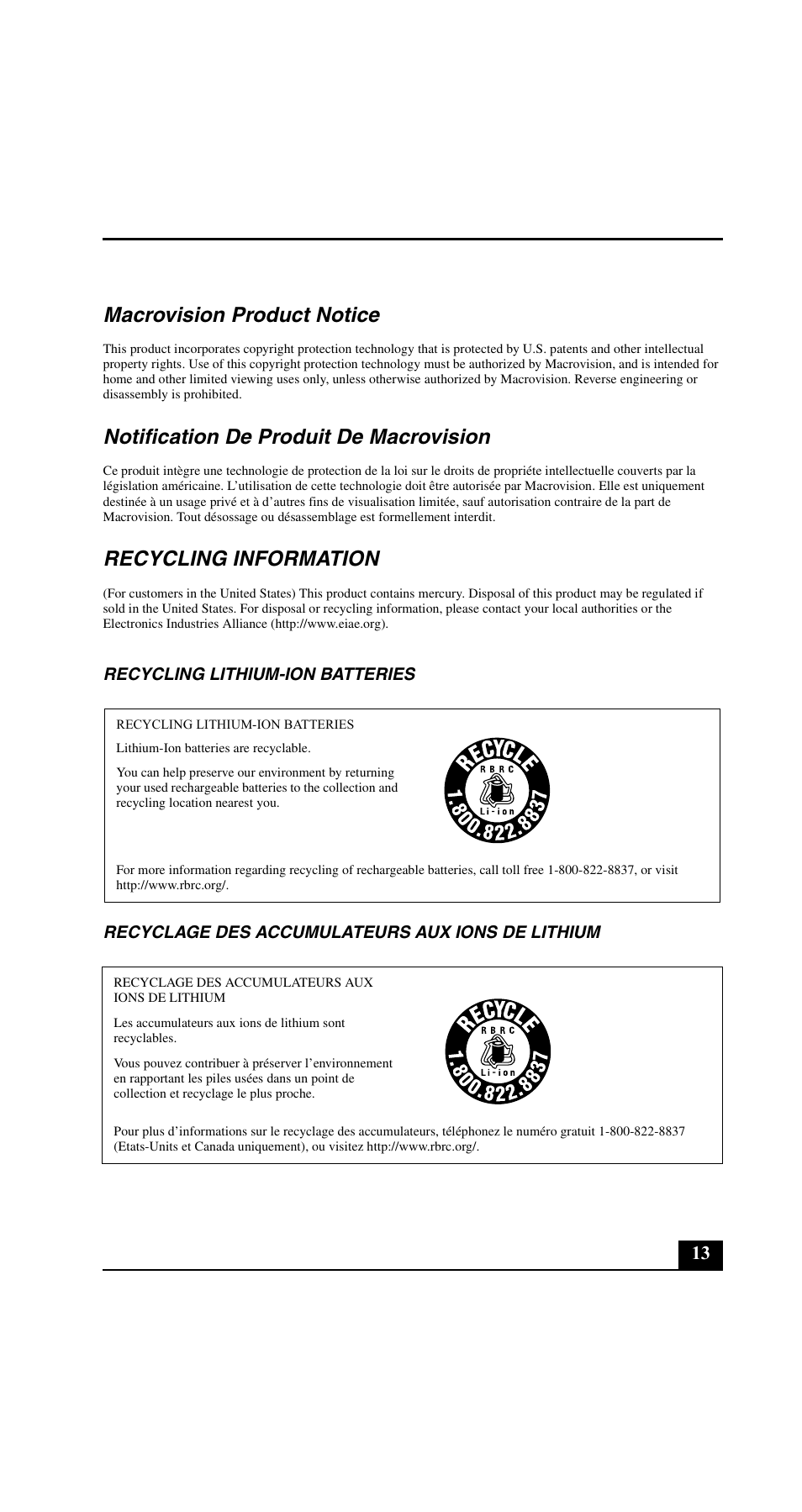 Macrovision product notice, Notification de produit de macrovision, Recycling information | Sony VGN-C190PB User Manual | Page 13 / 20