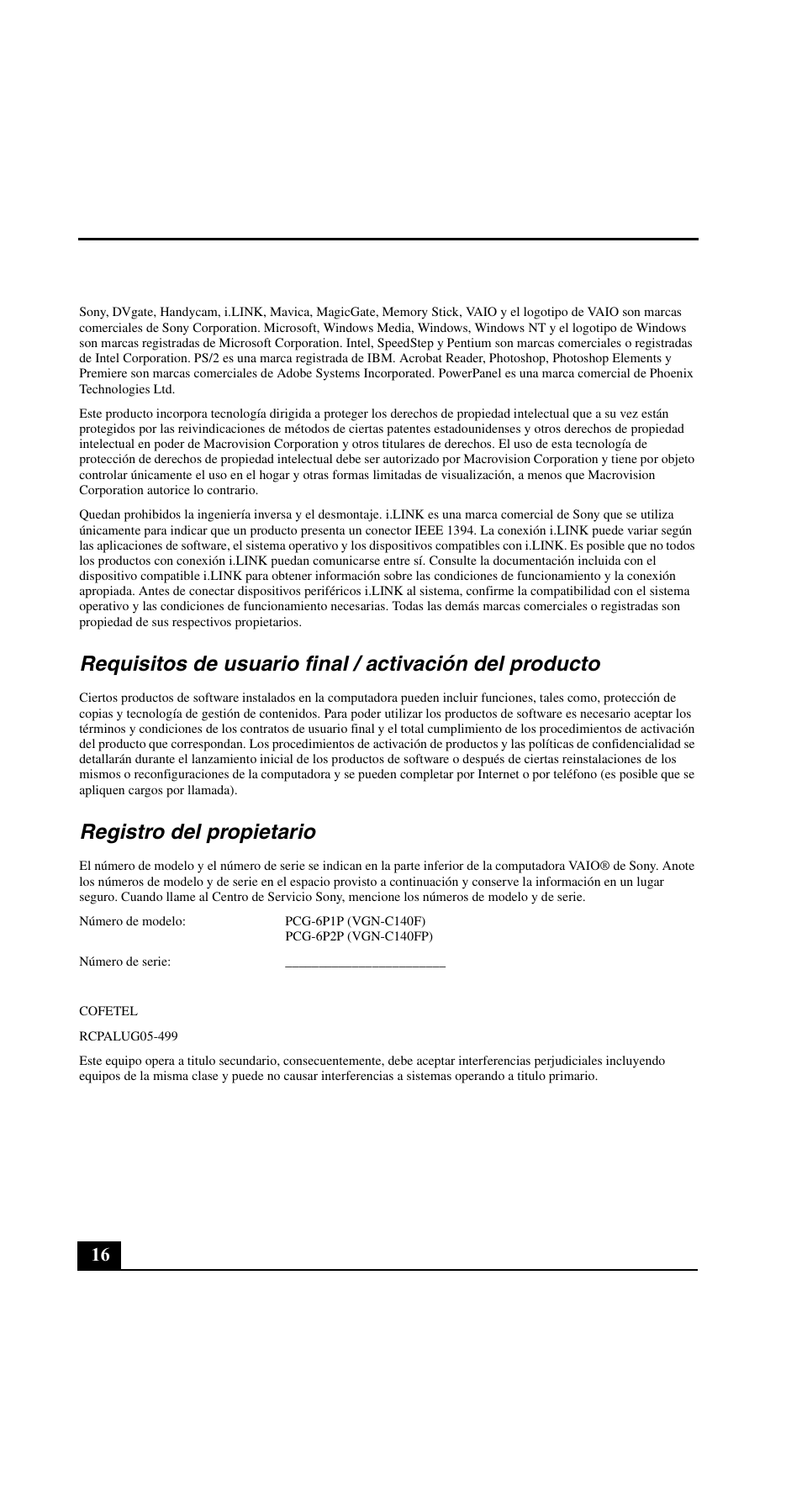 Registro del propietario | Sony VGN-C190PB User Manual | Page 16 / 20