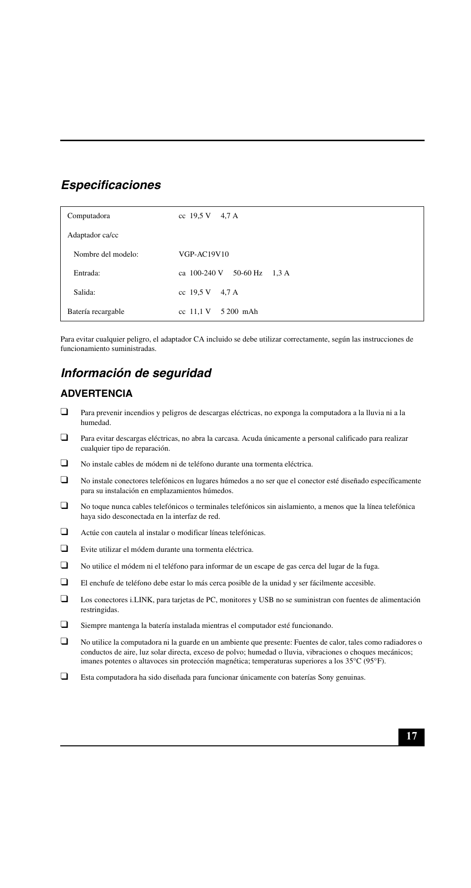 Especificaciones, Información de seguridad | Sony VGN-C190PB User Manual | Page 17 / 20